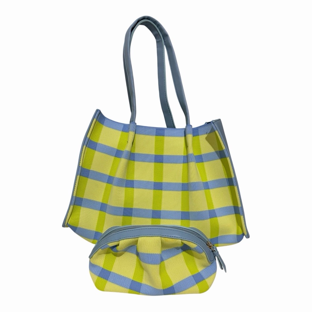 Neiman Marcus Set 2026 Spring Cream Beauty Tote + Makeup Bag Power Blue Yellow